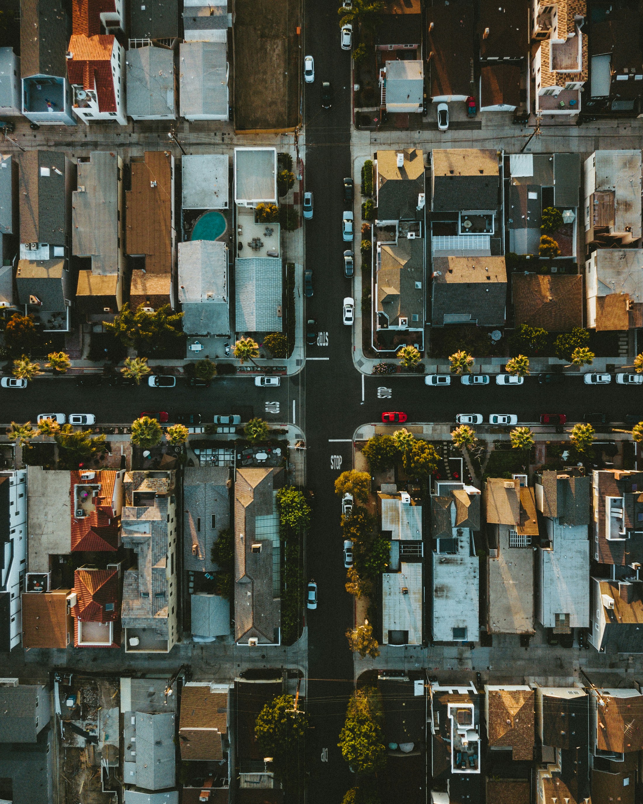 Aerial top-down view of a Columbia, Missouri neighborhood